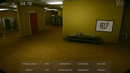 Yellow room with a 'HELP' sign on a wall, dimly lit.