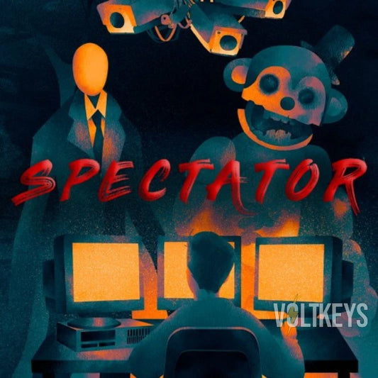 Artistic depiction of a person using computers with surveillance equipment and 'Spectator' text.