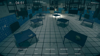 Darkly lit room with tables and benches, possibly a waiting area or lounge.