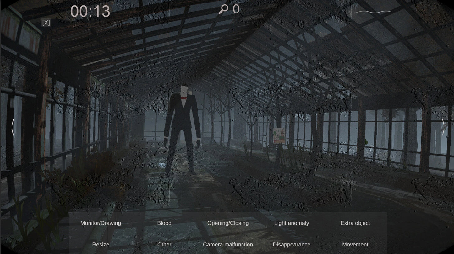 Character in a dark, dilapidated building with game interface elements.