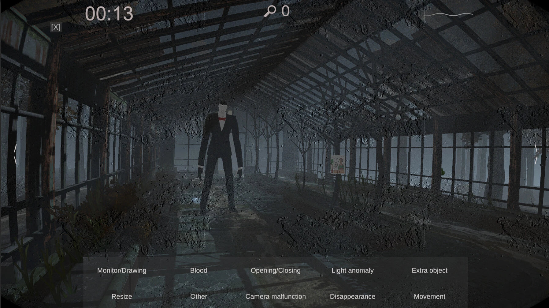 Character in a dark, dilapidated building with game interface elements.