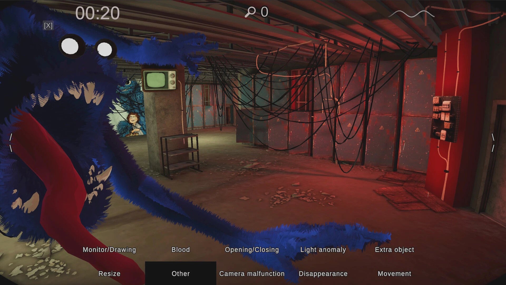 Game interface with a creature and room interior, showing game controls at the bottom.