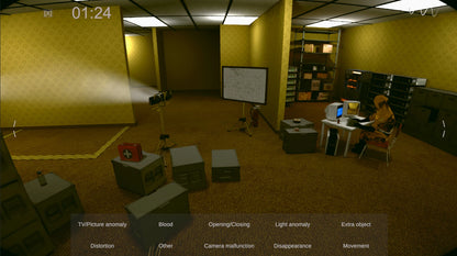 Computer-generated room interior with various objects and a timer on the wall.