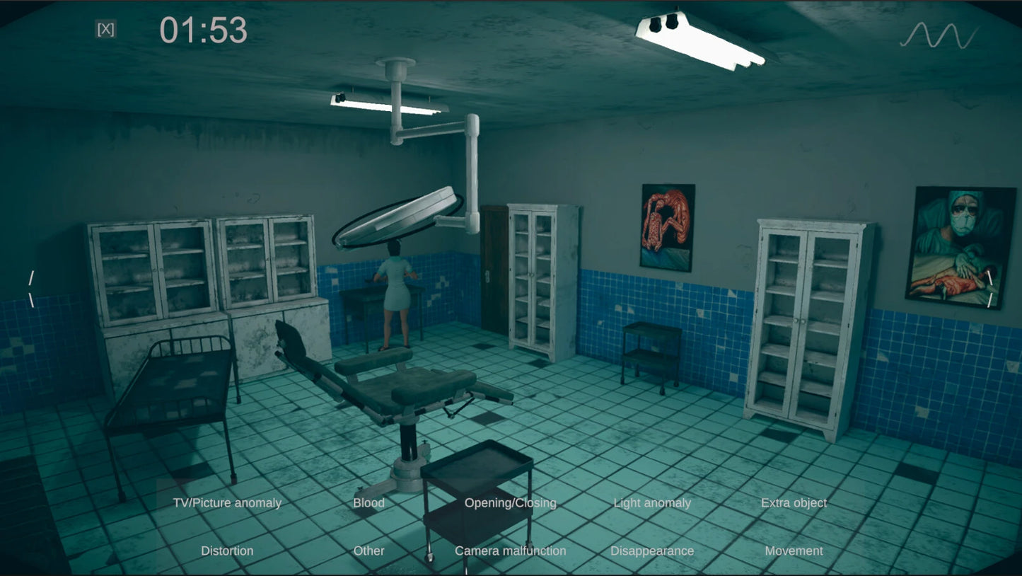Medical examination room with blue tiled walls and medical equipment.
