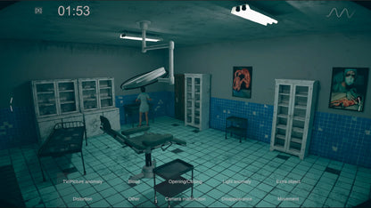 Medical examination room with blue tiled walls and medical equipment.