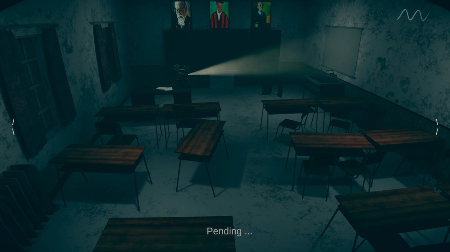 Dark, eerie classroom with desks and a TV screen displaying faces.
