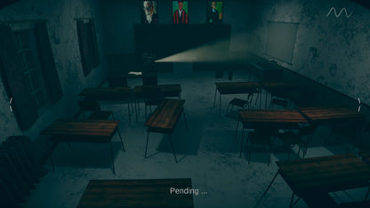 Dark, eerie classroom with desks and a TV screen displaying faces.