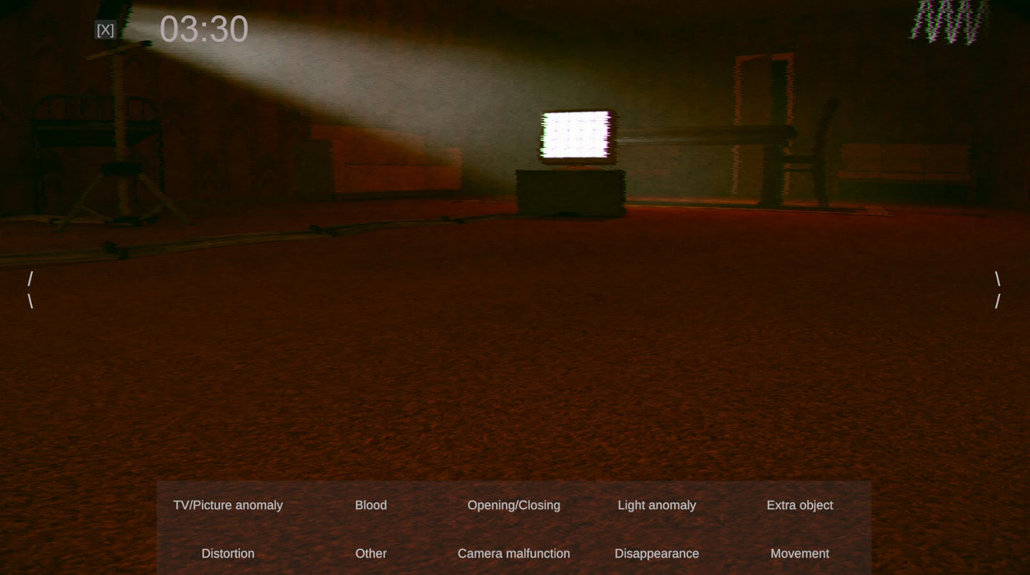 Dark room with a light source on a table, possibly from a video game interface.
