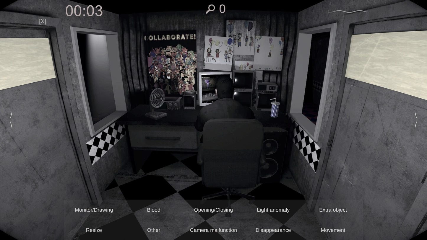 Dark room with a desk, chair, and various items on a checkered floor.