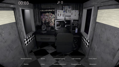 Dark room with a desk, chair, and various items on a checkered floor.