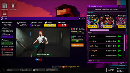 Game interface showing a streamer character and control panel with music and camera options.