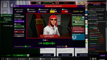 Stream overlay with a person wearing red hair and sunglasses on a computer screen
