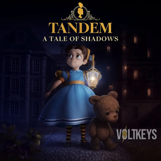 Character in a blue dress with a lantern and teddy bear in a dark, gothic setting with 'Tandem: A Tale of Shadows' text.