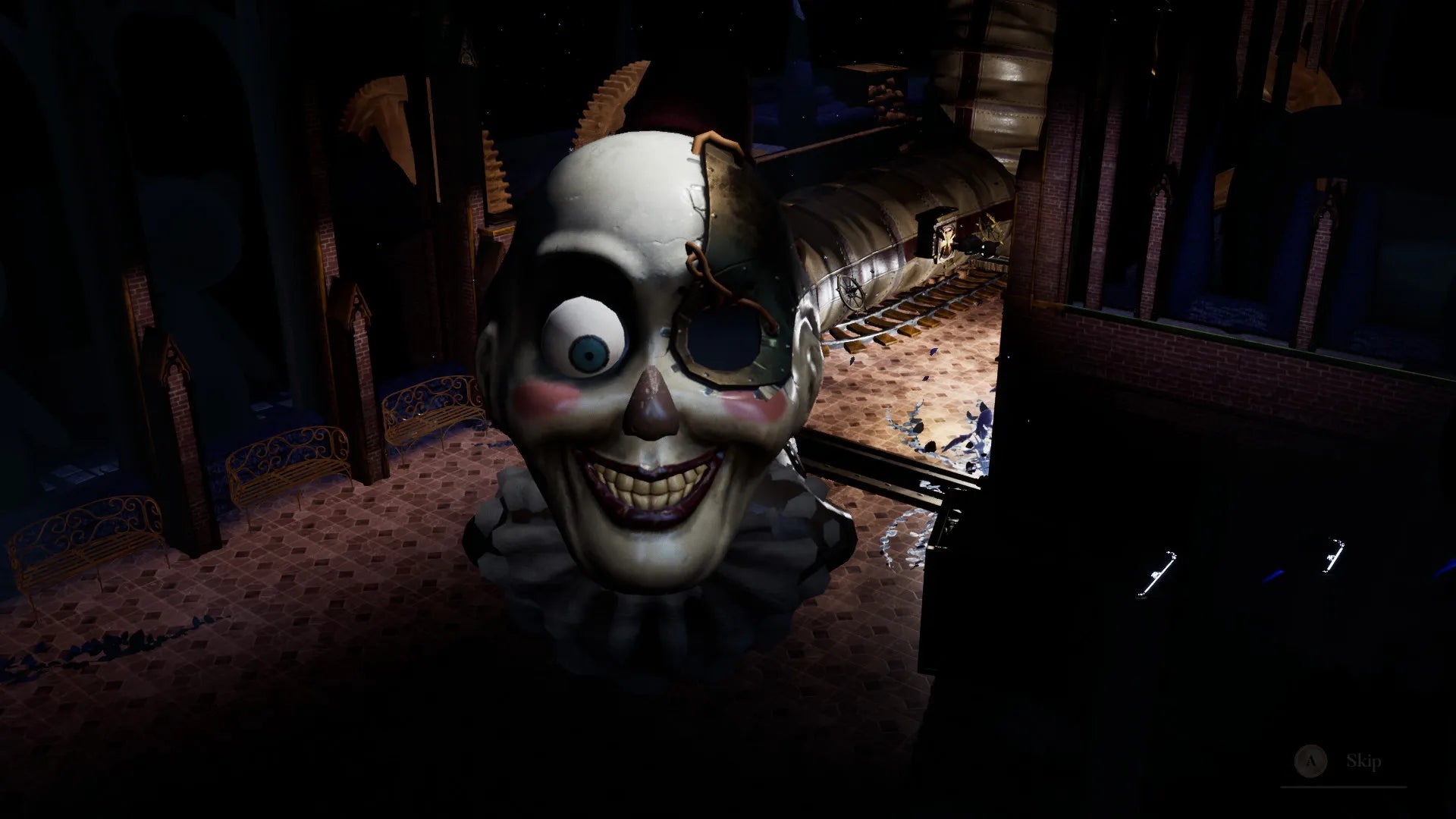 Horror-themed mask in a dimly lit room with wooden furniture.