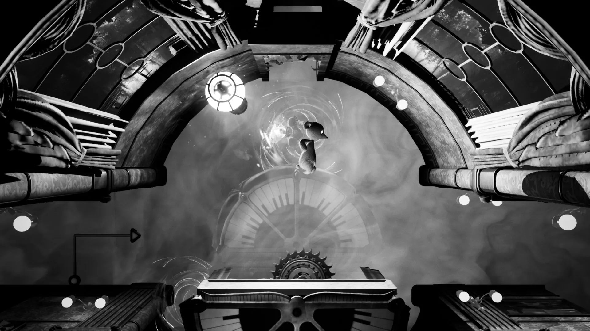 Black and white scene of a person standing inside a large clock with intricate architecture.