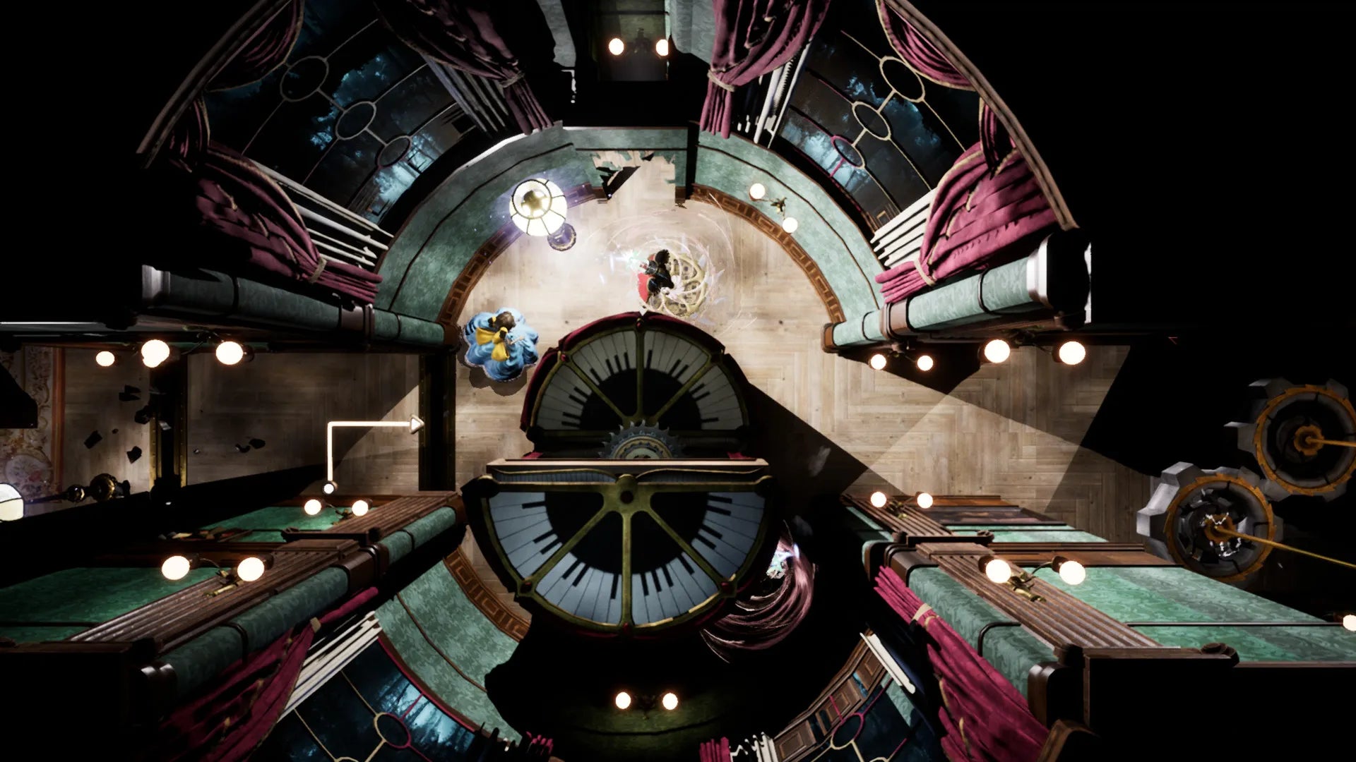 Aerial view of a theater stage with actors and lights