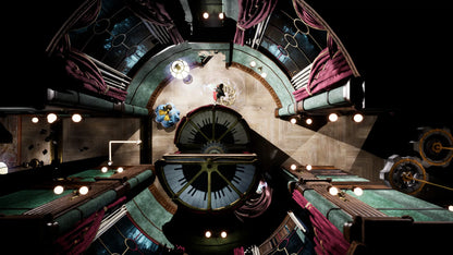 Aerial view of a theater stage with actors and lights