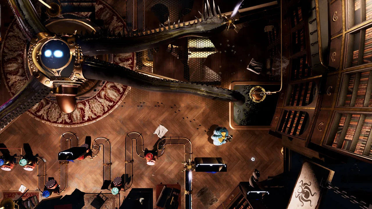 Top-down view of a steampunk-style room with mechanical elements and people.