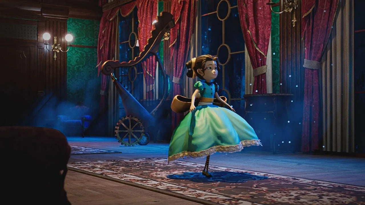 Animated character in a green dress standing in a room with decorative curtains and a harp.