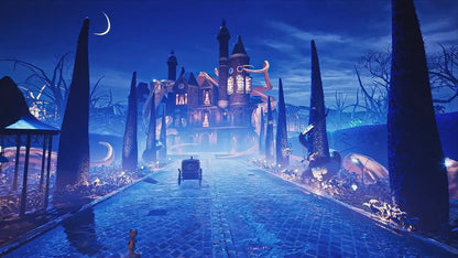 Fantasy castle at night with a car approaching, surrounded by trees and moonlit sky.