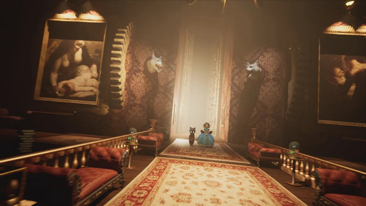 Decorative interior room with ornate furniture and wall art