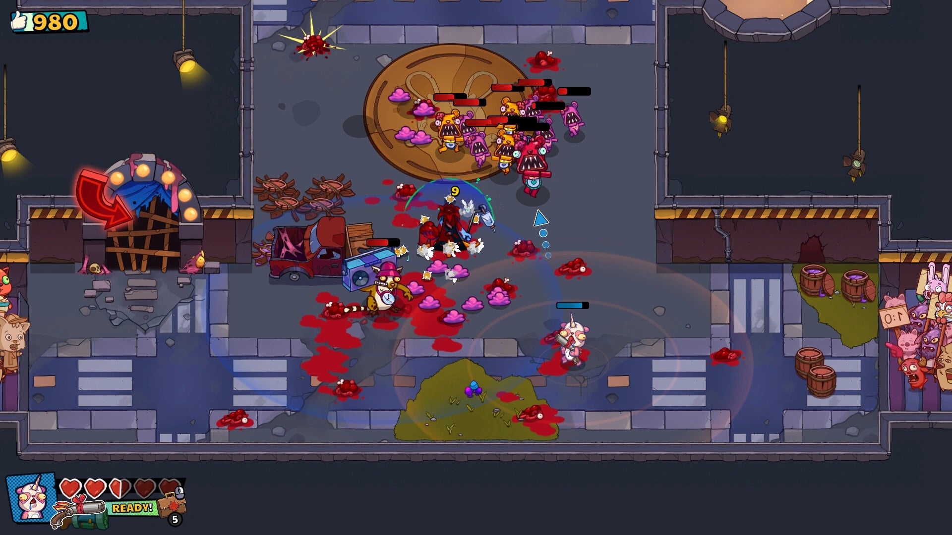 Game level with characters and enemies in a colorful, pixelated style