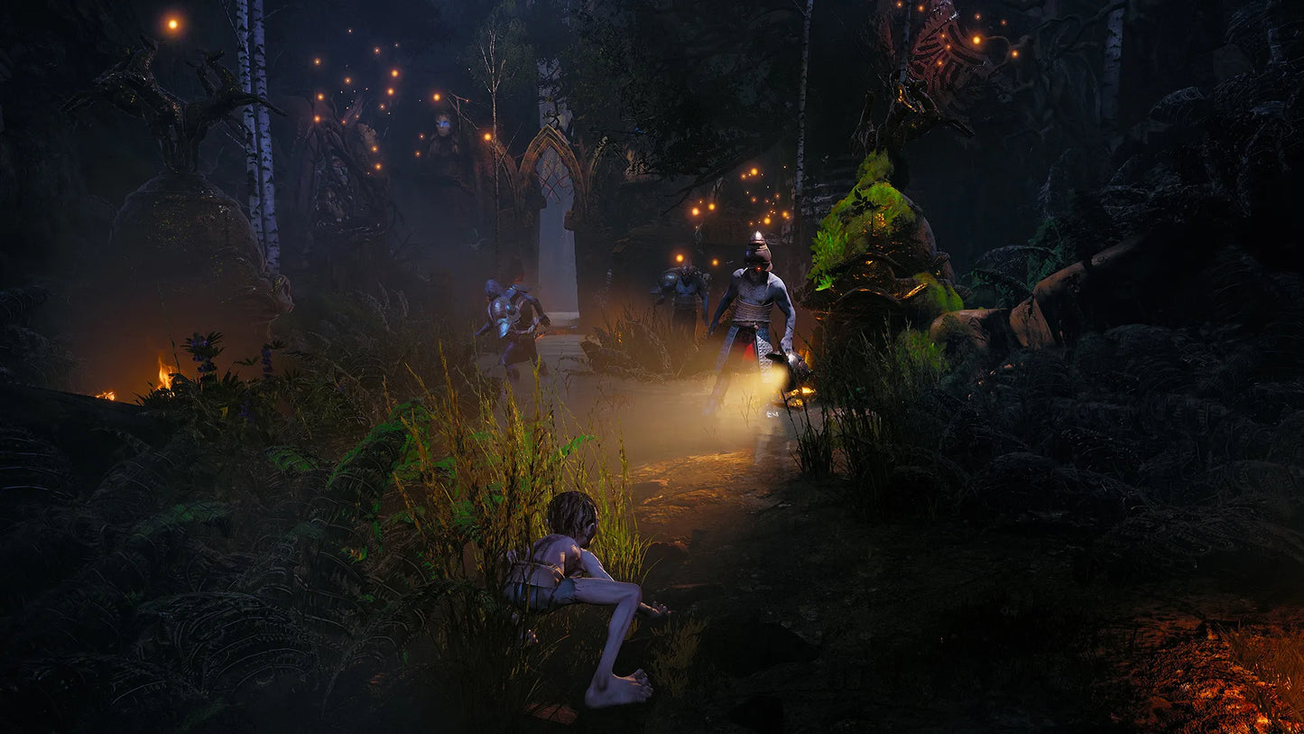 Dark forest scene with people and a statue at night
