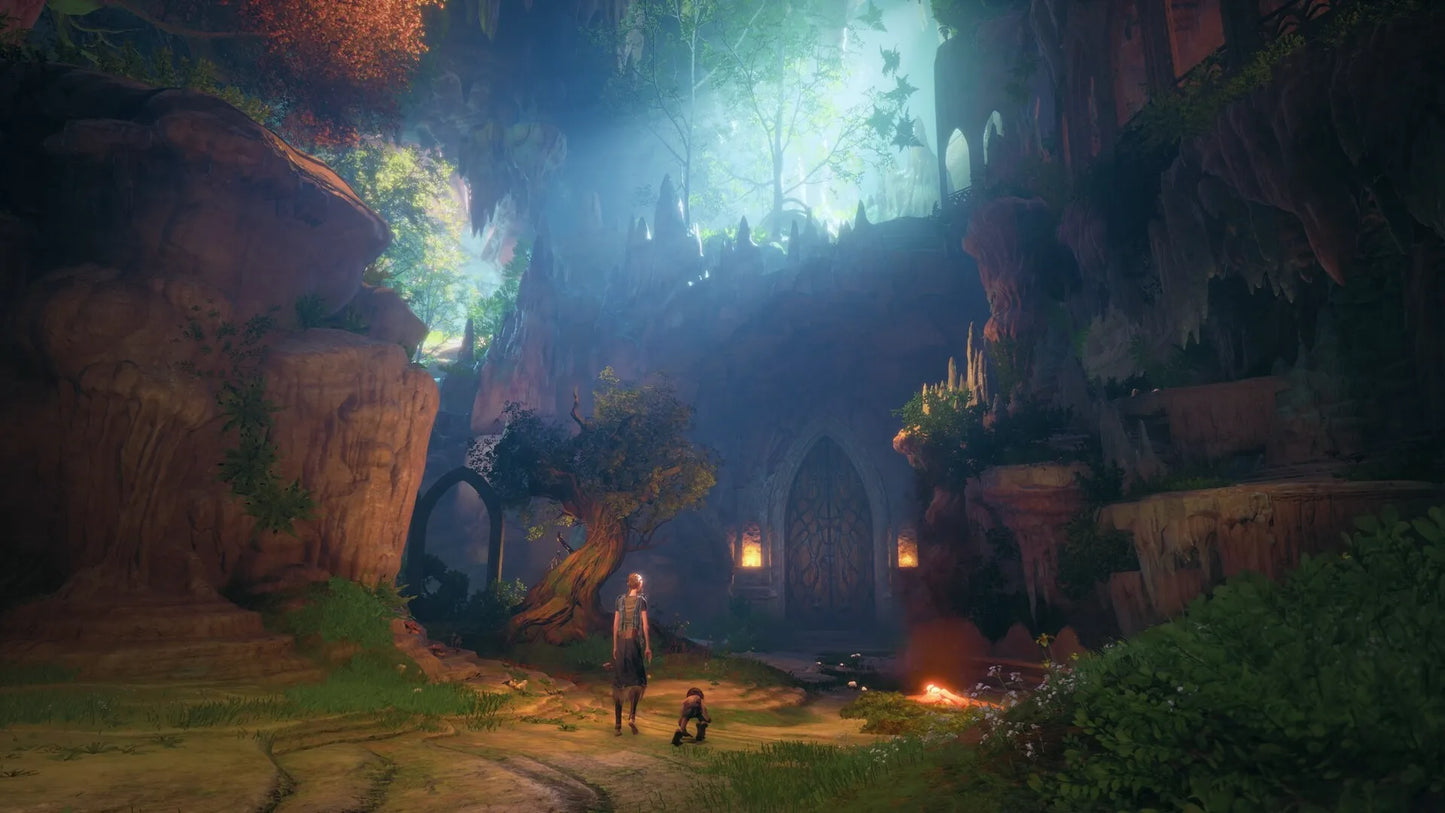 Person standing in a mystical cave with glowing lights and a small dog.