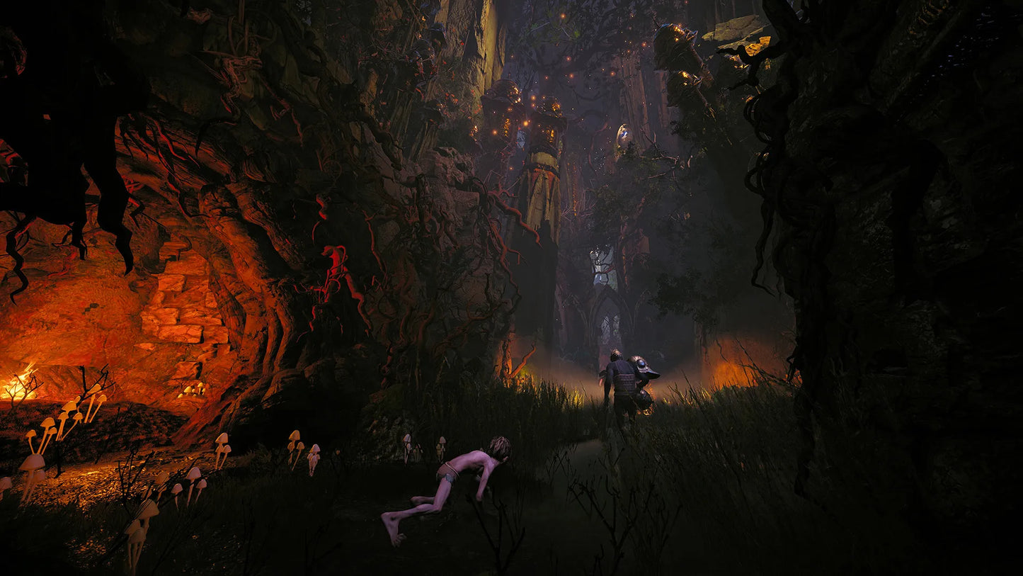 Dark cave scene with glowing elements and figures in the distance