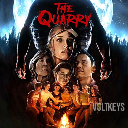 Movie poster for 'The Quarry' with characters around a campfire and a moonlit sky.