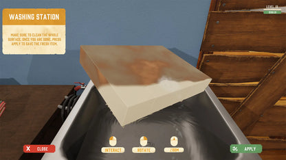 Washing station with a sponge and soap bar, surrounded by wooden shelves and tools.