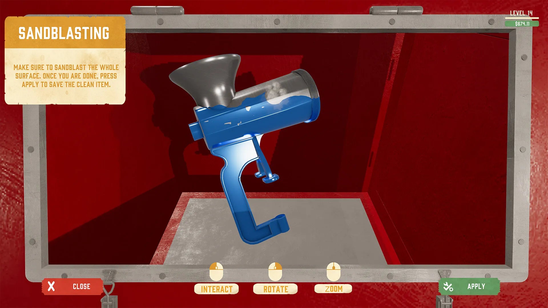 Sandbox blasting machine on a red background with sandblasting instructions.