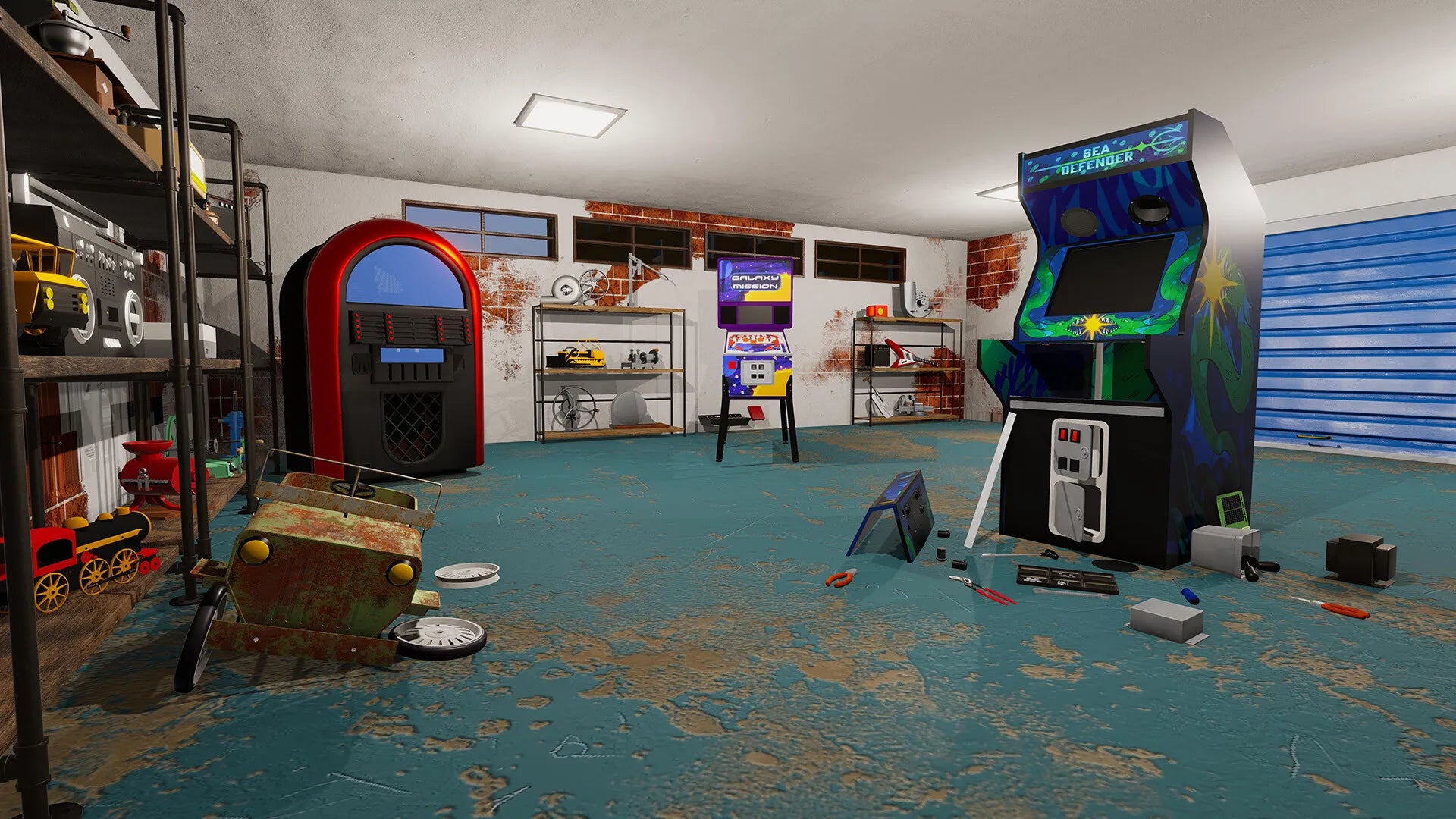 Indoor arcade room with vintage arcade machines and toys on a blue floor.