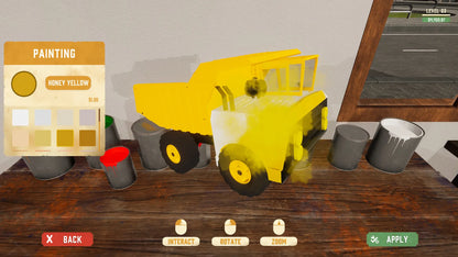 Yellow toy truck being painted with color swatches displayed on a screen.