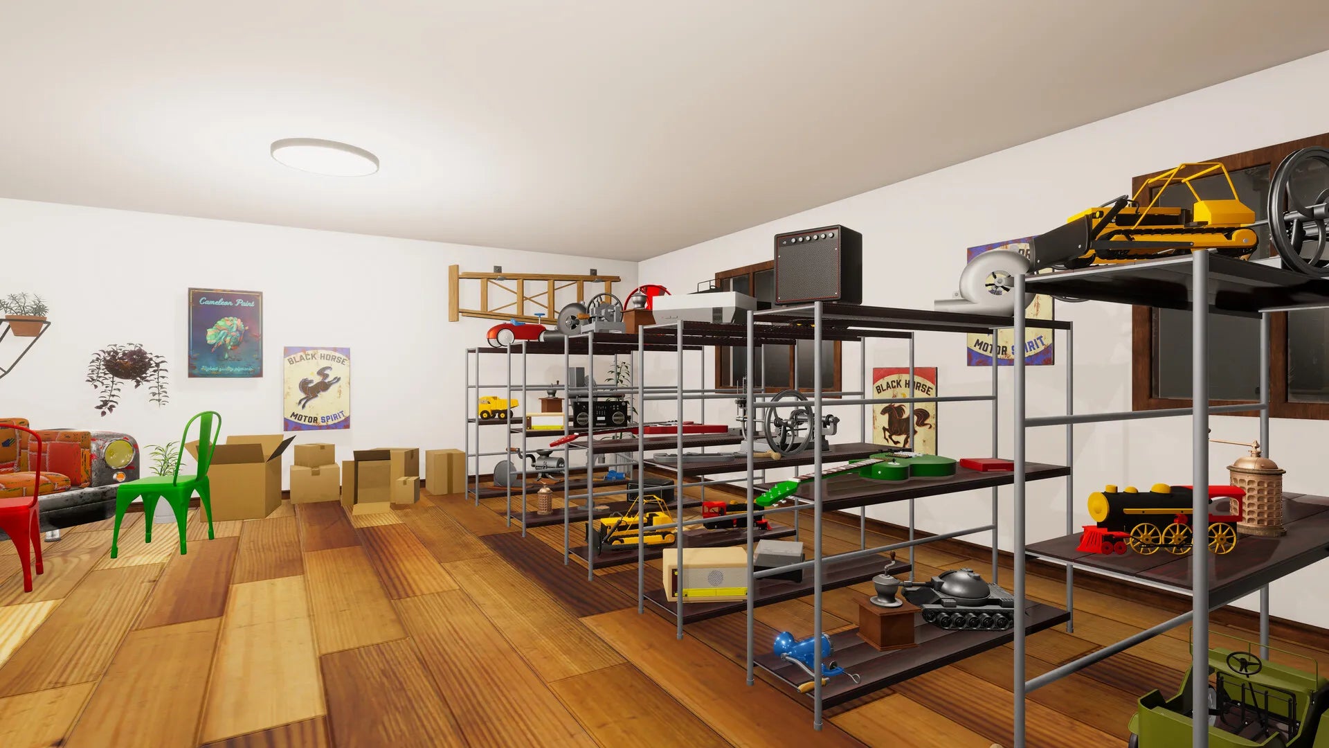Toy garage with shelves displaying various toy vehicles and equipment.