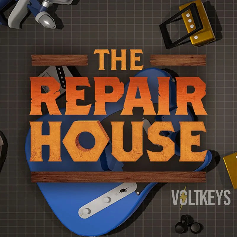 Logo for 'The Repair House' with tools on a grid background