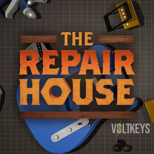 Logo for 'The Repair House' with tools on a grid background
