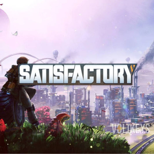 Promotional image for 'Satisfactory' with a futuristic cityscape and character holding a dinosaur.