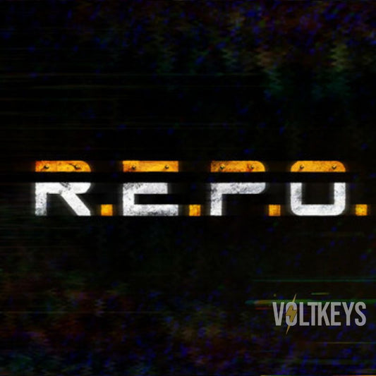 Text 'R.E.P.O.' with a stylized design on a dark background, featuring the brand 'VOLTKEYS'.