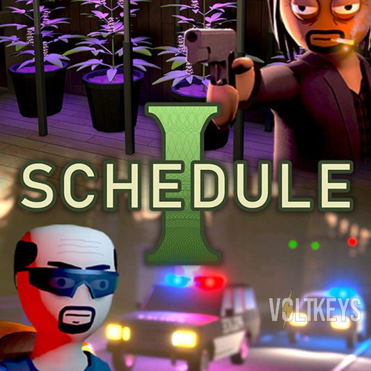 Character holding a gun with 'SCHEDULE' text and colorful background