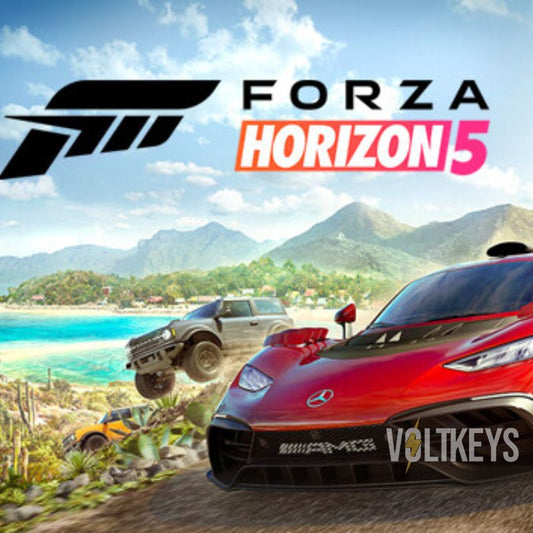 Forza Horizon 5 game cover with cars on a mountain road and beach.