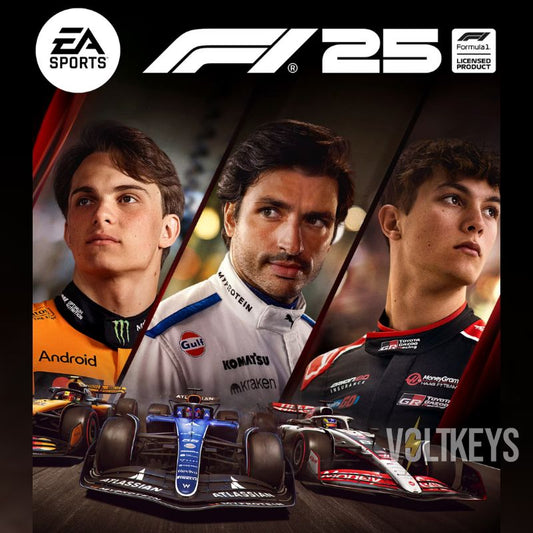 Promotional image for EA Sports F1 25 with three Formula 1 drivers and a car.