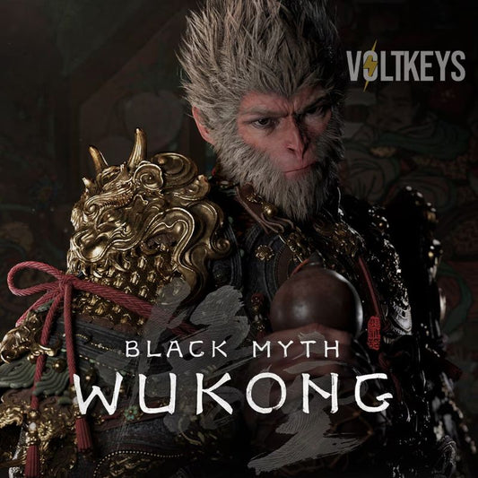 Character from 'Black Myth Wukong' with ornate armor and helmet, featuring the Voltkeys logo.