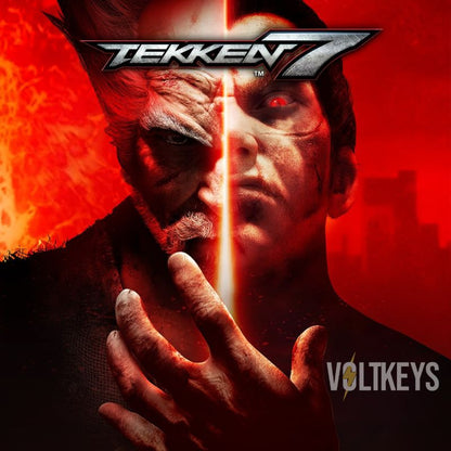 Promotional image for 'Tekken 7' with a character holding a light source against a red background.