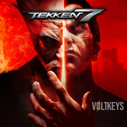 Promotional image for 'Tekken 7' with a character holding a light source against a red background.