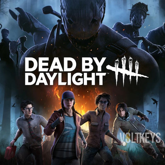 Promotional image for 'Dead by Daylight' with characters and a dark, eerie background.