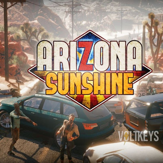 Promotional image for 'Arizona Sunshine' with characters and cars in a desert setting.