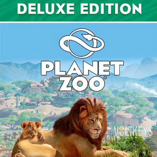 Planet Zoo Deluxe Edition cover with lions and a scenic background