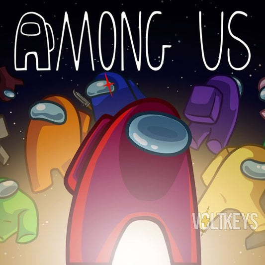 Illustrations of colorful characters with 'Among Us' text above them on a dark background.
