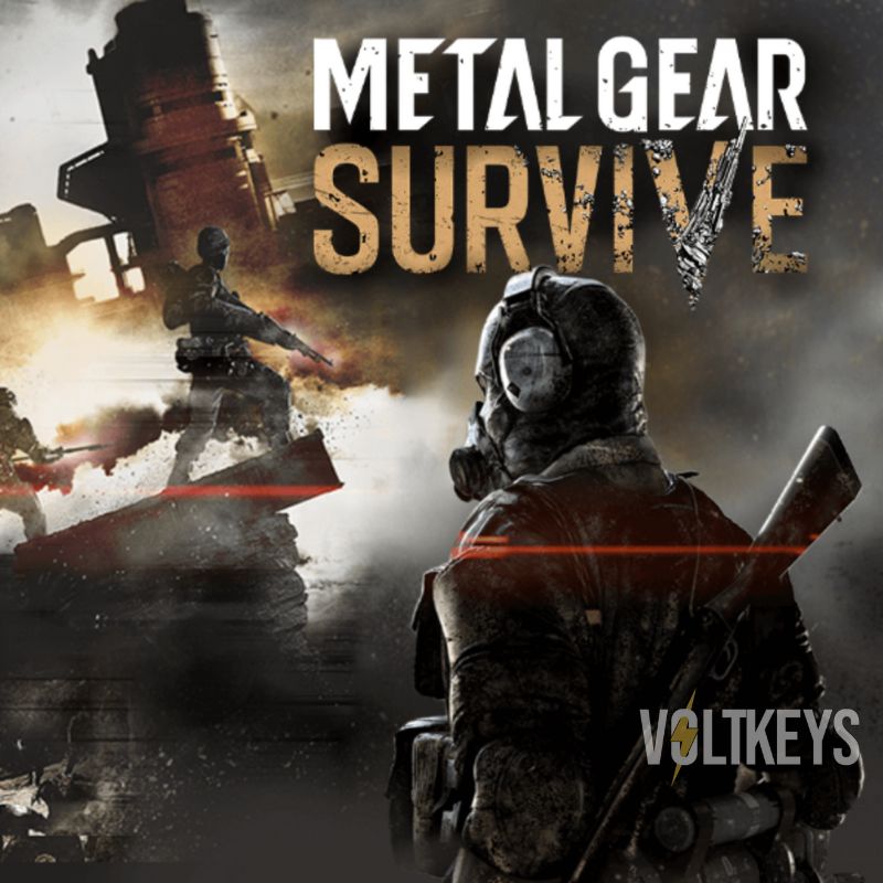 Promotional image for 'Metal Gear Survive' with a character in a gas mask and another person in the background.